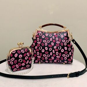 Handmade Genuine Leather Lips👄 Print, Double Kisslock Bag & Small Clutch Set